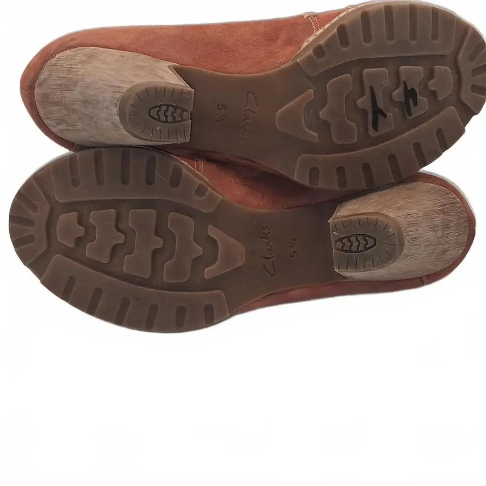 Clarks Handcrafted Rust Red Peep Toe Block Heel Leather Pumps Women's Size 5 1/2 - Picture 6 of 8